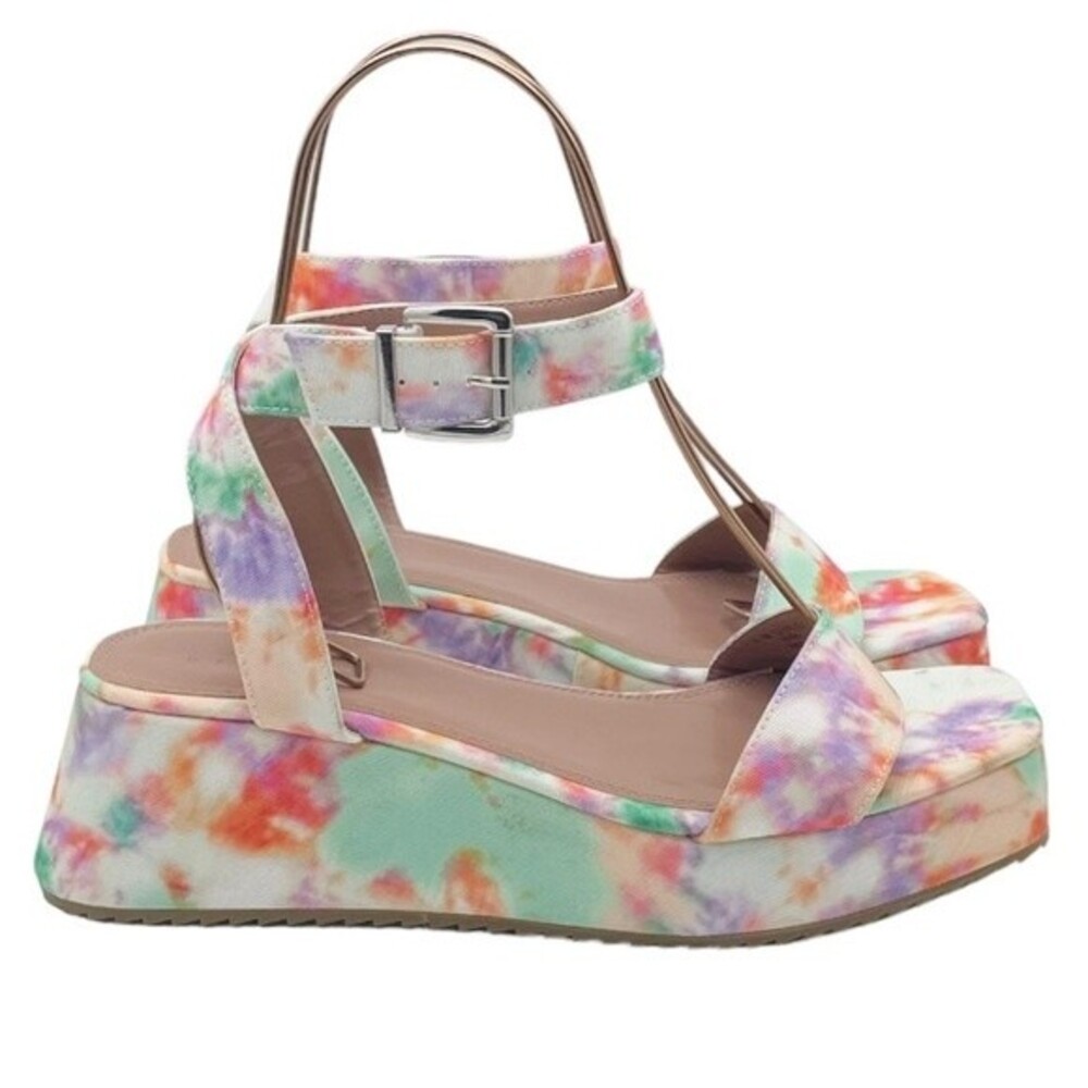 NWT ASOS Tatiana Flatform Ankle Wrap Sandals Bright Pastel Cloud Tie Dye Size 10 - Picture 3 of 16